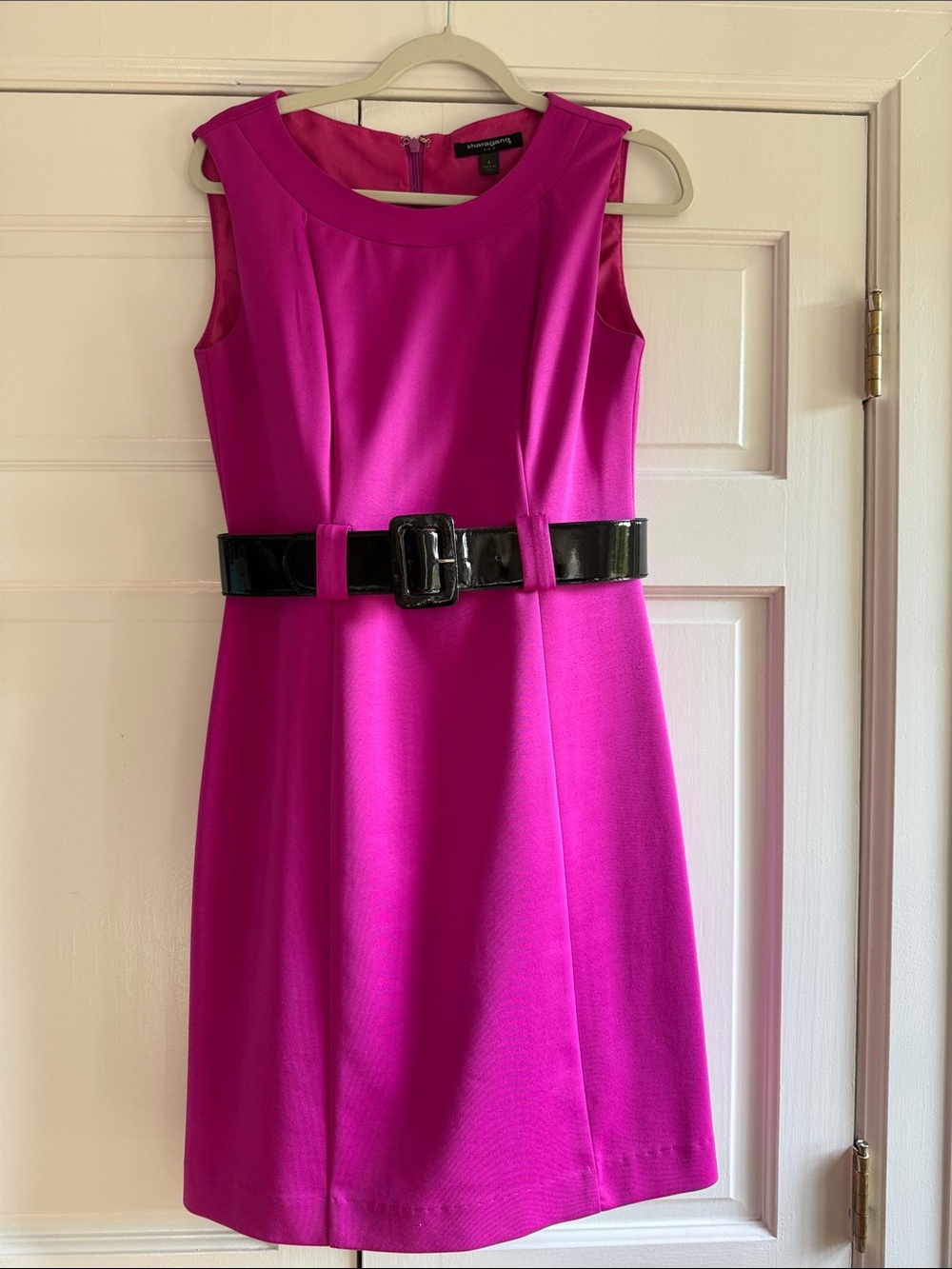 Sharagano Magenta Sleeveless Belted Sheath Dress